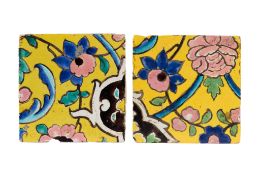 TWO QAJAR CUERDA SECA TILES, PROBABLY SHIRAZ, PERSIA, 19TH CENTURY