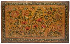 A LARGE LACQUERED PAPIER MACHE DECORATED BOOK COVER, PERSIA OR INDIA, 18TH/19TH CENTURY