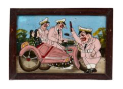 TWO SATIRICAL REVERSE GLASS PAINTINGS, JAVA, INDONESIA, MID-20TH CENTURY