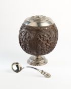 AN ANGLO-INDIAN SILVER MOUNTED COCONUT SUGAR BOWL, LATE 19TH CENTURY