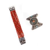 A TURQUOISE AND CORAL SET SILVER BRACELET, NEPAL OR TIBET, 19TH/20TH CENTURY