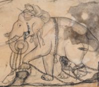 A DRAWING OF A CHAINED ELEPHANT, RAJASTHAN, POSSIBLY KOTA, 18TH CENTURY