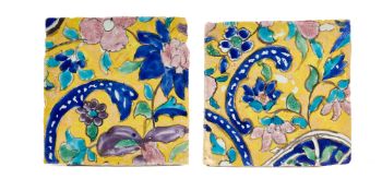TWO QAJAR CUERDA SECA TILES, PERSIA, 19TH CENTURY
