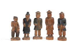 FIVE CARVED AND PAINTED WOOD FIGURES, BURMA (NOW MYANMAR), CIRCA 1900