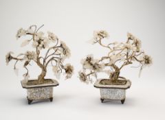A PAIR OF CHINESE HARDSTONE MOUNTED TREES IN CLOISONNE JARDINIERES