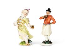 TWO MEISSEN PORCELAIN FIGURES, CUPID IN DISGUISE AND A MAN SMOKING A PIPE, 18TH CENTURY