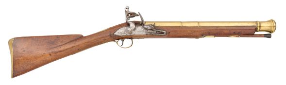 A FLINTLOCK BRASS-BARRELLED BLUNDERBUSS, INDISTINCTLY SIGNED, LONDON, LATE 18TH CENTURY