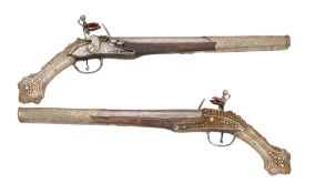 A PAIR OF OTTOMAN FLINTLOCK HOLSTER PISTOLS MOUNTED IN SILVER FILIGREE, 19TH CENTURY