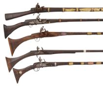 A CAUCASIAN MIQUELET-LOCK RIFLE, TWO NORTH AFRICAN KABYLE SNAPHAUNCE GUNS, AND