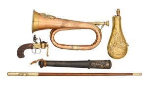 THIRTEEN VARIOUS POWDER-FLASKS, A FLINTLOCK TINDER-LIGHTER, A GEORGE III TIPSTAFF,