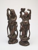 A PAIR OF CHINESE SILVER-WIRE INLAID WOOD IMMORTALS, 20TH CENTURY