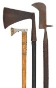 A BILLHOOK, AND TWO AXES, 19TH CENTURY OR EARLIER