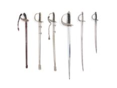 FOUR MINIATURE BRITISH REGULATION PATTERN SWORDS, AND TWO OTHER MINIATURE SWORDS