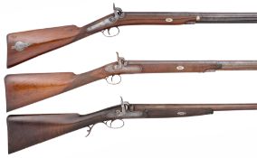 THREE PERCUSSION SPORTING GUNS, THE FIRST SIGNED W. M. HONTON, THE SECOND SIGNED TEASDALE, DURHAM,