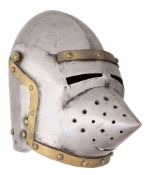 A MINIATURE BASCINET, A MINIATURE CLOSE-HELMET, TWO DECORATIVE COPPER-ALLOY HELMETS,