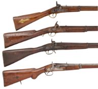 FOUR INDIAN PERCUSSION SERVICE MUSKETS IN THE BRITISH MANNER, 19TH CENTURY