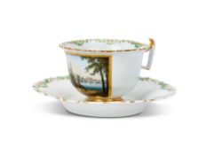 A MEISSEN PORCELAIN TOPOGRAPHICAL TEACUP AND SAUCER, MID 19TH CENTURY