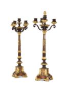 A PAIR OF PARCEL-GILT PATINATED BRONZE FIVE-LIGHT CANDELABRA, FRENCH, LATER 19TH CENTURY