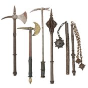 A DECORATIVE MACE, THREE WAR-HAMMERS, AND TWO BALL AND CHAIN FLAILS,