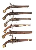 SIX DECORATIVE OTTOMAN AND NORTH AFRICAN FLINTLOCK PISTOLS, 19TH CENTURY AND LATER