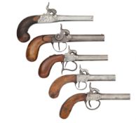 FIVE CONTINENTAL PERCUSSION BOX-LOCK POCKET PISTOLS, ALL MID-19TH CENTURY