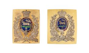 TWO 2ND (QUEEN'S) REGIMENT OF FOOT OFFICER'S SHOULDER PLATES, CIRCA 1830-1850