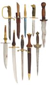 A REPRODUCTION BALLOCK DAGGER, TWO PLUG BAYONETS, AND SEVEN OTHER VARIOUS DAGGERS