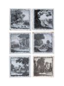A SET OF SIX LIVERPOOL (SADLER & GREEN) DELFTWARE FABLE TILES, CIRCA 1770