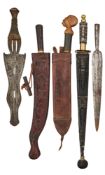 VARIOUS TRIBAL WEAPONS AND SEVEN AFRICAN SPEARHEADS, MOSTLY 20TH CENTURY