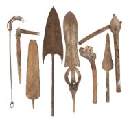 TWO LARGE CONGOLESE KNIVES, SIX VARIOUS AFRICAN SPEARHEADS, AND SIX OTHER AFRICAN ITEMS,