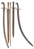 TWO EASTERN SABRES, A NORTH AFRICAN KASKARA, AND TWO AFRICAN SPEARS, ALL 19TH CENTURY