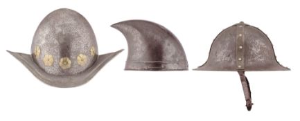 A MODERN REPRODUCTION MORION, A REPRODUCTION HELMET OF EARLY EASTERN TYPE, AND