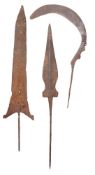 TWO EARLY INDIAN SPEARHEADS, 16TH/17TH CENTURY OR EARLIER, AND AN INDIAN SICKLE