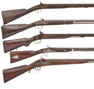 FIVE PERCUSSION SPORTING GUNS, ALL 19TH CENTURY