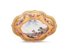 A MEISSEN PORCELAIN PURPLE AND GOLD GROUND SHAPED LOBED DISH, THE PORCELAIN 18TH CENTURY,