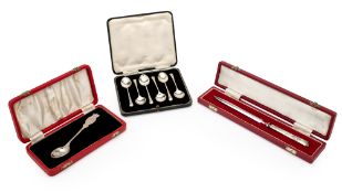 CASED SILVER: SIX COFFEE SPOONS, A COMMEMORATIVE SPOON AND A LETTER OPENER