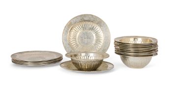 A SET OF ELEVEN CHINESE WHITE METAL BOWLS AND TEN SAUCERS, 20TH CENTURY
