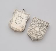 TWO VICTORIAN SILVER SHIELD SHAPED VESTA CASES, BOTH BIRMINGHAM, 1884