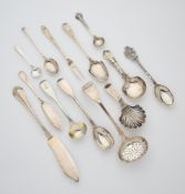 A GROUP OF ASSORTED SMALL SILVER SPOONS AND IMPLEMENTS