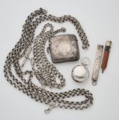 A GROUP OF VICTORIAN AND LATER SILVER CHAINS AND CASES