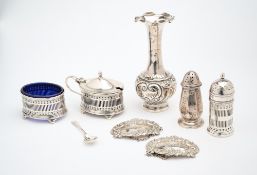 A GEORGE V SILVER THREE-PIECE CONDIMENT SET, WILLIAM SUCKLING LTD., BIRMINGHAM, 1928