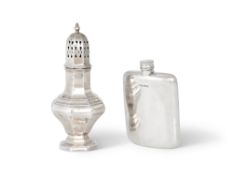 A SILVER SPIRIT FLASK AND A SILVER CASTER
