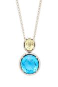 A BLUE TOPAZ AND LEMON QUARTZ PENDANT, MODERN