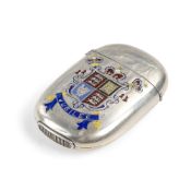 A VICTORIAN GOLDEN JUBILEE COMMEMORATIVE SILVER AND ENAMEL VESTA CASE, A.E. ROBINSON, BIRMINGHAM, 18