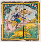 A SMALL QAJAR TILE PANEL DEPICTING A HUNTING SCENE, SHIRAZ, PERSIA, LATE 19TH CENTURY