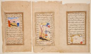 THREE ILLUSTRATED MANUSCRIPT PAGES, PERSIA, CIRCA 17TH CENTURY