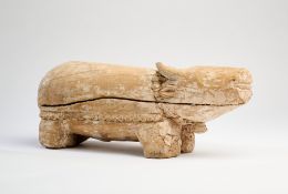 A CARVED WOOD FIGURE OF NANDI, SOUTH INDIA, CIRCA 19TH CENTURY