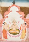 AN AVATAR OF VISHNU FLANKED BY TWO DEVOTEES, RAJASTHAN, NORTH INDIA, CIRCA 1800