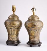 TWO QAJAR SILVER INLAID BRASS LIDDED VASES, PERSIA, 19TH CENTURY