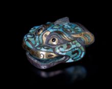 A HAN DYNASTY TIGER HEAD IN TURQUOISE AND GOLD (206 BCE – 220 CE)